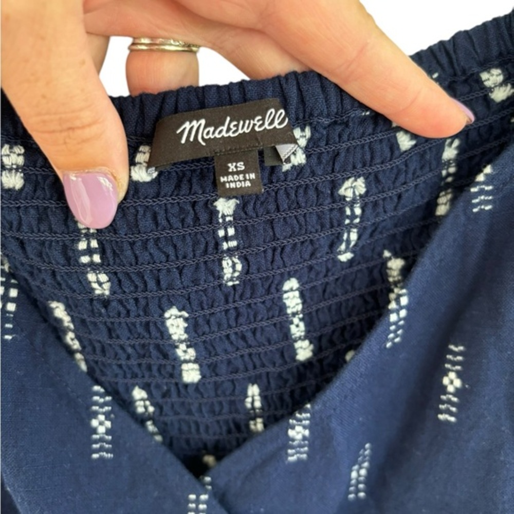 Madewell Women's Jacquard Empire Top Smocked Puff Sleeves Navy Blue Size XS - Picture 2 of 5
